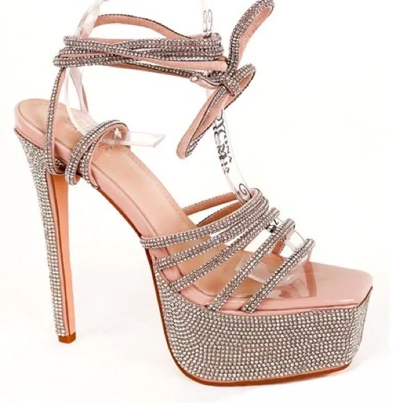 Size 10 Bella City Nude Strappy Ankle Wrap Rhinestone Embellished Platform Heels - Picture 6 of 9